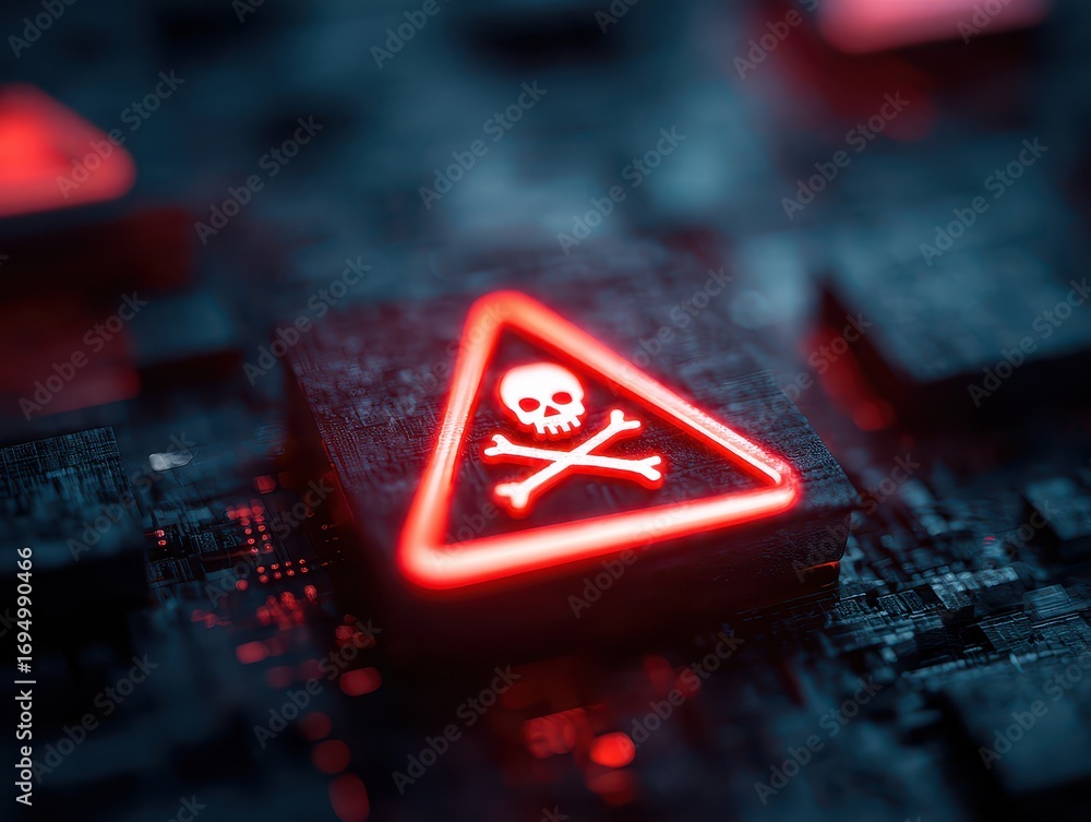Poster warning alert icon with a hacked system. malicious software, virus, spyware, malware, or cyberattack