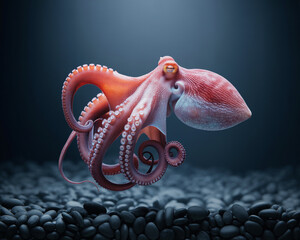 Obraz premium Pink Octopus with Curled Tentacles in Dark Water cephalopod