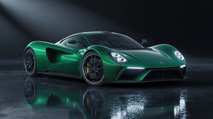 Obraz premium Emerald Green Supercar Luxury Automotive Excellence and Innovation in Modern Design Reflecting Speed and Elegance on Wet Asphalt Studio Shot