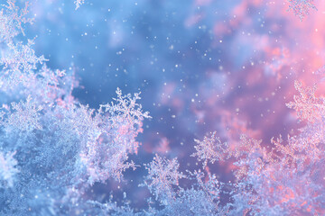 Intricate snowflakes fall against a soft pink and blue winter sky a magical scene of falling snow