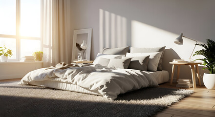 Cozy Bedroom Interior Design Sunlight Casting Shadows On A Comfortable Bed