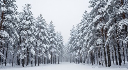 Snowy Pine Forest Winter Path.