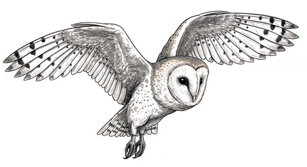 Barn owl in flight illustration on white background for design elements