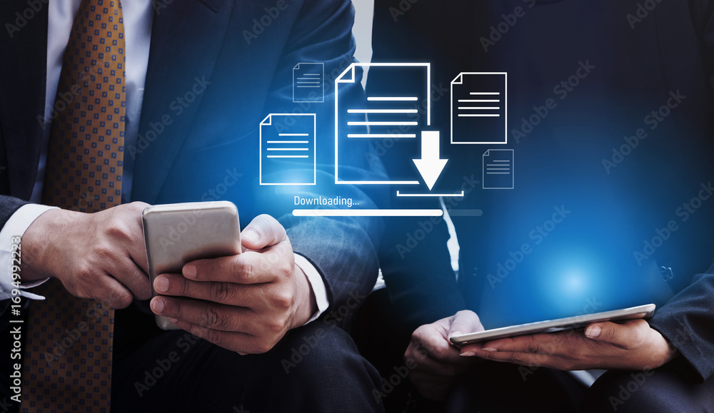 Aufkleber visual representation of digital document downloading, showing file transfer, data access, and progr