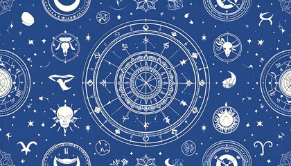 A celestial blueprint featuring stylized astrological charts and celestial bodies against a deep blue background.