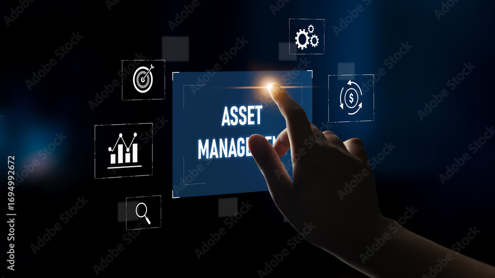 Poster asset management system showing investment planning, financial goal tracking, roi analysis, and perf