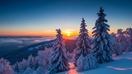 Stunning winter sunrise over snow-covered mountain peaks with frosted pine trees and a vibrant sky. - Powered by Adobe