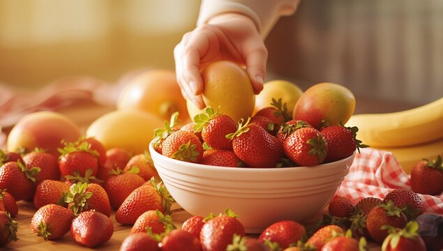 A hand reaching for a fresh mango amongst a bowl of vibrant strawberries and other fruits. The image captures a moment of selecting a tasty treat. - Powered by Adobe