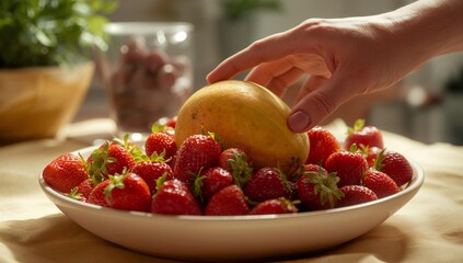 A hand reaches for a fresh, ripe mango nestled among strawberries in a bowl. The image showcases the vibrant colors and textures of the fruit. 