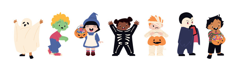 Set of Children dressed in Halloween costumes. Cute kids in Witch, mummy, zombie, pirate, skeleton. Characters in spooky holiday.