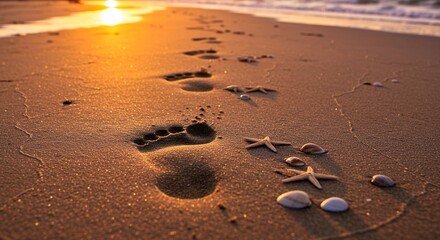 Footprints in sand at sunset coastal footsteps leading to horizon