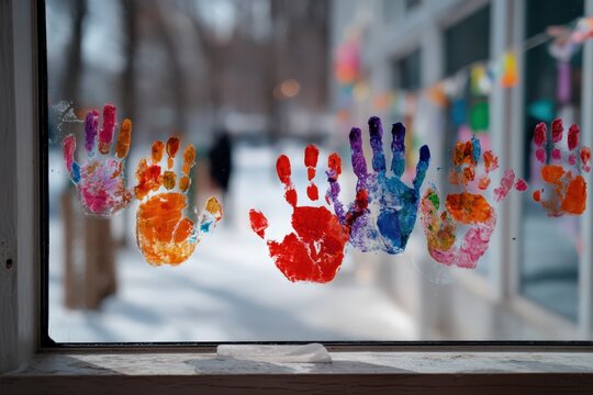 Child's colorful handprints decorate glass during winter day Generative AI
