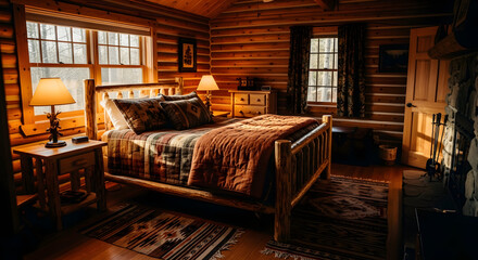 Cozy bedroom interior of a log cabin with rustic wooden furniture and warm lighting