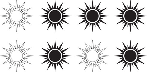 Set of eight solar icons with varying shades of black and white representing different solar states.