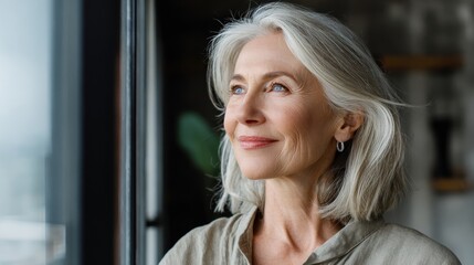 smiling confident mature woman standing indoors looking at window stylish elegant middle aged senior 60s grayhaired lady thinking of good future vision enjoying wellbeing dreaming at home no logos no