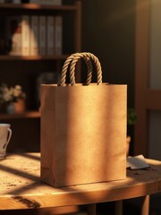 Naklejka premium Rustic Kraft Paper Bag with Rope Handles on a Wooden Table A straight-on, close-up shot of a blank kraft paper shopping bag, distinguished by its thick, braided rope handles. The bag stands on a rusti