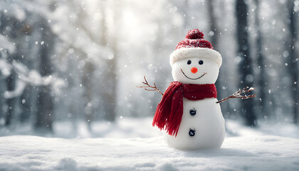 Obraz premium A snowy scene with a happy snowman wearing a red scarf