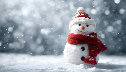 Obraz premium A snowy scene with a happy snowman wearing a red scarf