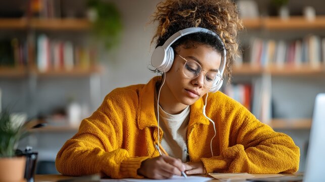 focused african female student wears headphones elearning studying alone at home office desk millennial mixed race teen girl listening audio podcast e learning english language concept making notes n