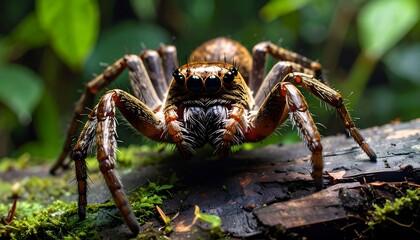Close-up of a large spider on a log