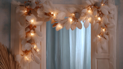 beautiful garland made of natural materials elegantly drapes around window