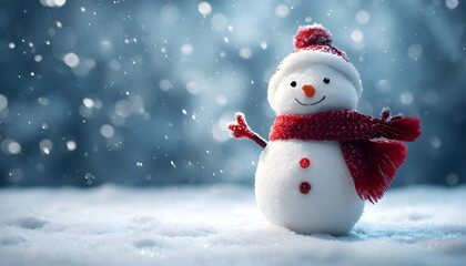 Fototapeta premium A snowy scene with a happy snowman wearing a red scarf