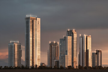 Obraz premium panoramic view of modern city skyline at sunset featuring luxury residential complexes with ar overlays displaying