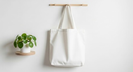 White Tote Bag Mockup Hanging Against Minimalist White Wall with Small Potted Plant