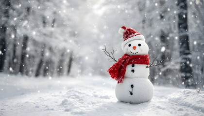 Fototapeta premium A snowy scene with a happy snowman wearing a red scarf