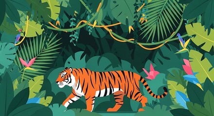 Tiger Walking Jungle Lush Foliage.