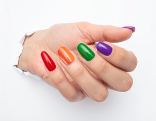 Fototapeta premium Vibrant Rainbow Nails Emerging from Torn Paper.