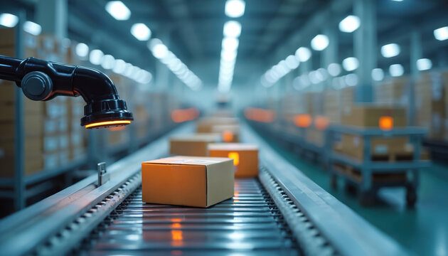 Automated warehouse conveyor belt with cardboard boxes. RFID reader scans inventory for tracking, management, logistics solutions in retail, supply chain. Digital transformation boosts efficiency.