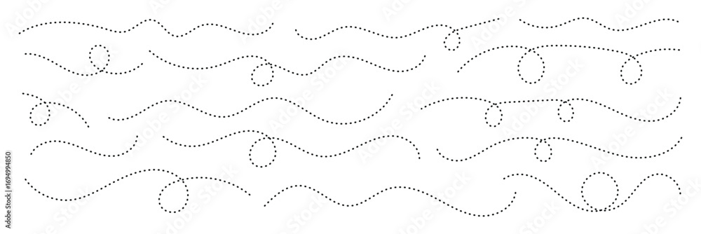Poster abstract wavy squiggle dashed line collection. dotted spiral curve line. transport dot paths lines. 