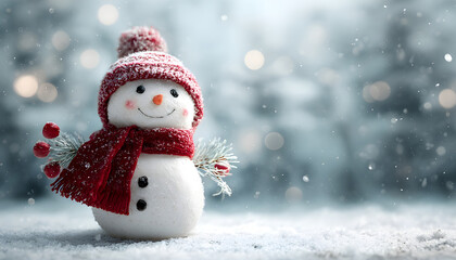 Fototapeta premium A snowy scene with a happy snowman wearing a red scarf