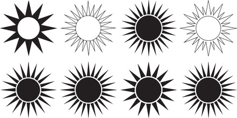 Set of eight solar icons with varying shades of black and white representing different solar states.