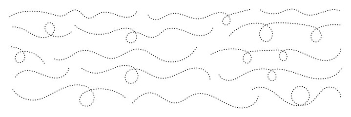 Abstract wavy squiggle dashed line collection. Dotted spiral curve line. Transport dot paths lines. Thin line abstract doted swirl path. Minimal squiggle divider, loopy line vector icon isolated. 