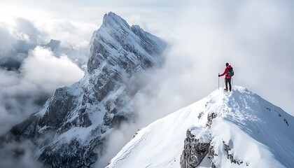 Hiker on Snowy Mountain Ridge, Backpack, Sticks, Red Jacket, Scenic Alpine Peak