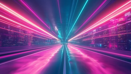 Highway View with Neon Lights, Cityscape, Futuristic Cyberpunk Style, Long Exposure