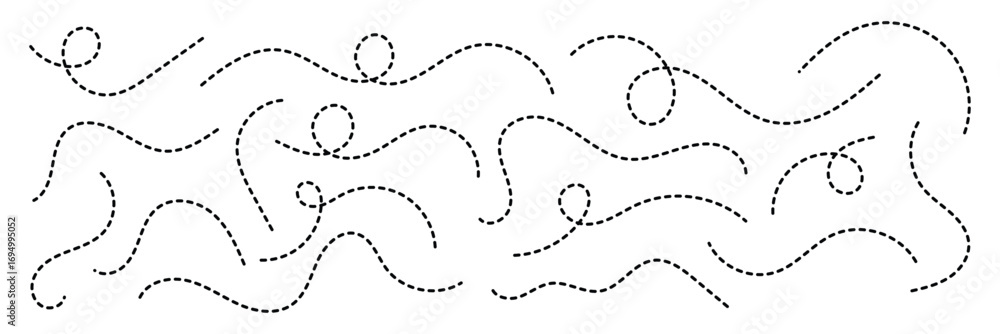 Poster abstract wavy squiggle dashed line collection. dotted spiral curve line. transport dot paths lines. 