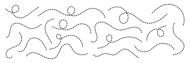 Abstract wavy squiggle dashed line collection. Dotted spiral curve line. Transport dot paths lines. Thin line abstract doted swirl path. Minimal squiggle divider, loopy line vector icon isolated. 