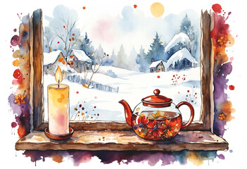 A glass teapot with floating flower petals rests on a windowsill, glowing beside a candle as snow blankets the world outside. 