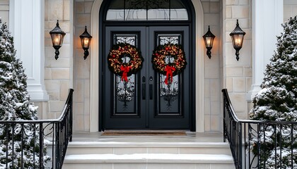 Home with Holiday Wreaths on Black Door, Symmetrical Front with Black Railing and Lamps