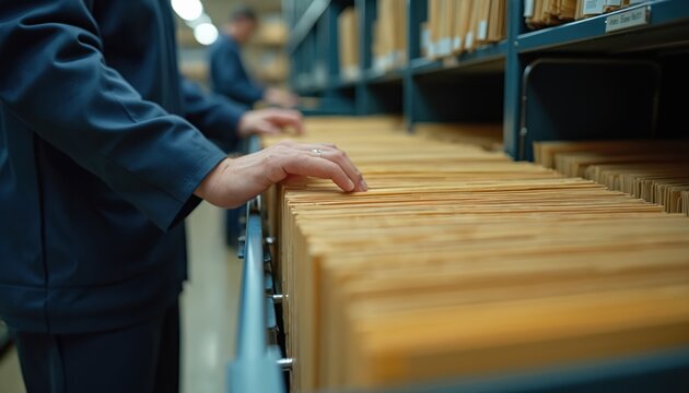 Employee in dark blue uniform sorts files in archive. Rows of folders on metal racks. Searching documents in business management system. Paperwork organization, information research workplace.