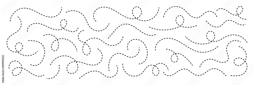 Poster abstract wavy squiggle dashed line collection. dotted spiral curve line. transport dot paths lines. 