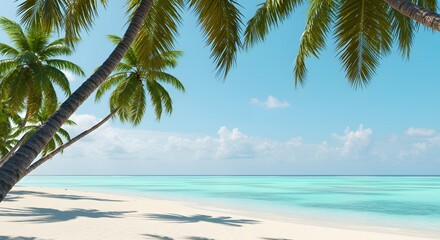 Fototapeta premium Tropical beach scene with palm trees white sand and turquoise ocean under a clear blue sky day dream view