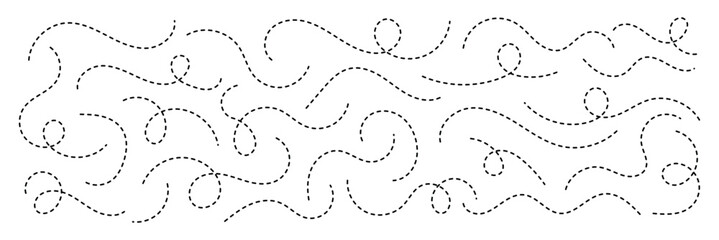 Abstract wavy squiggle dashed line collection. Dotted spiral curve line. Transport dot paths lines. Thin line abstract doted swirl path. Minimal squiggle divider, loopy line vector icon isolated. 