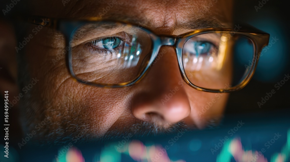 Aufkleber mature concentrated business man trader wearing eyeglasses working looking at laptop computer screen
