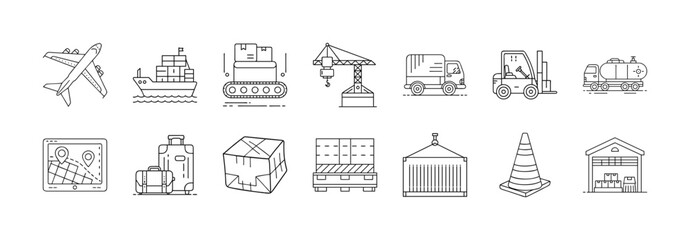 Logistics transportation and warehouse line icons - Outline icons representing logistics and supply chain elements including airplane, cargo ship, crane, truck, forklift, pallet, warehouse