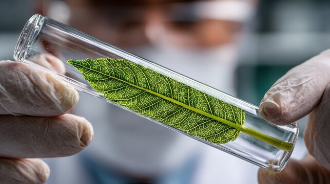 close up of scientist hand holding tube with leaf no logos no brands ar 169