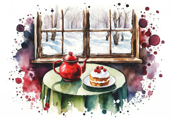  A quiet winter scene viewed through a window, where floral tea and candlelight evoke warmth amid snow and sunlight. The composition blends seasonal contrast with poetic presence.

